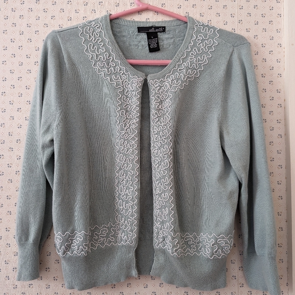 Willi Smith Vintage Stlye cardigan cotton cover up  Embroidery Hook Eye Art